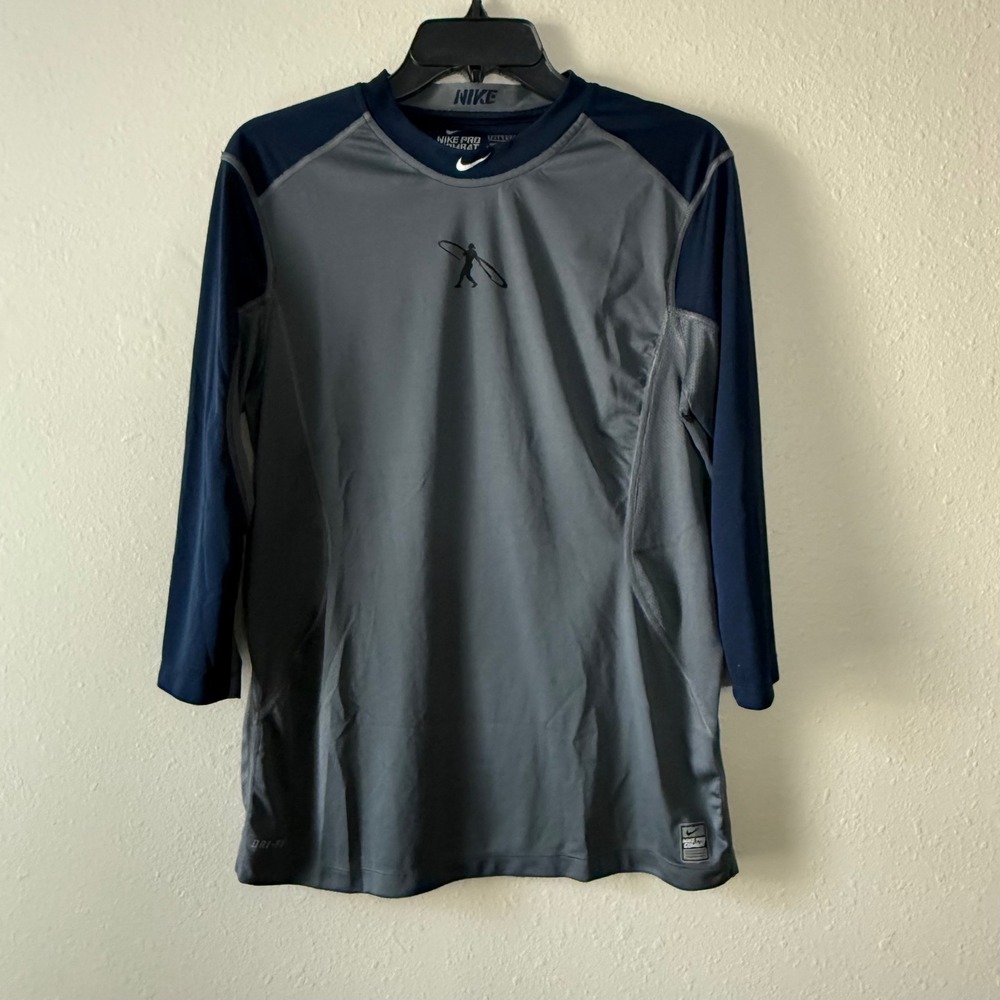 Nike Pro Combat Mens Gray Navy Baseball 3/4 Sleeve Dri-FIT Fitted Shirt Medium